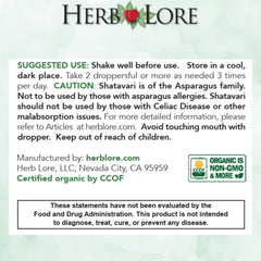 Herb Lore Shatavari tincture USA-made with clear label