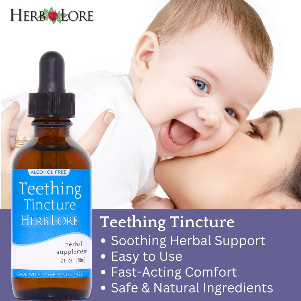 Herb Lore Teething Tincture bottle close-up for easy, soothing gum care.