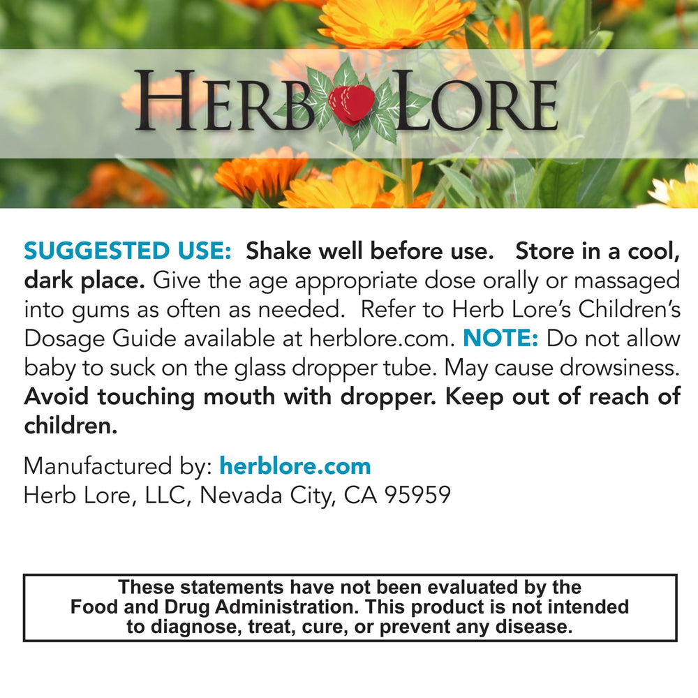 Herb Lore Teething ingredients show chamomile, passionflower, and catnip.