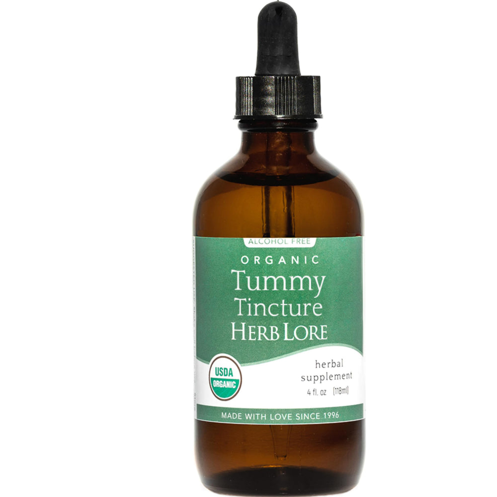 Herb Lore Tummy Tincture bottle shows organic ingredients for gentle digestive support.