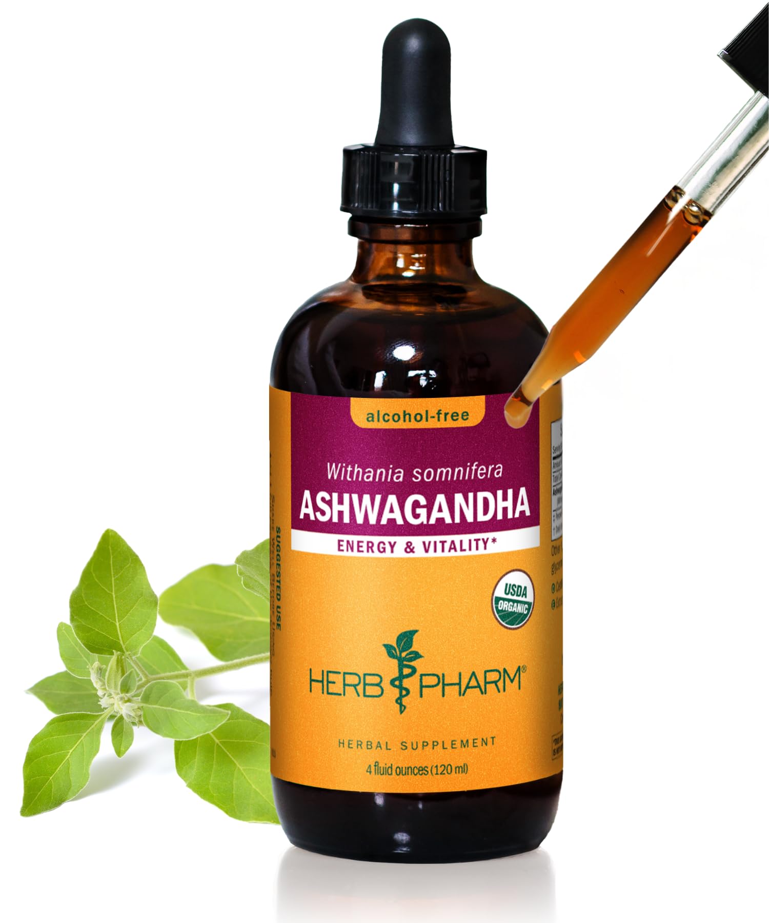 Herb Pharm Ashwagandha alcohol-free liquid extract bottle for daily stress support.
