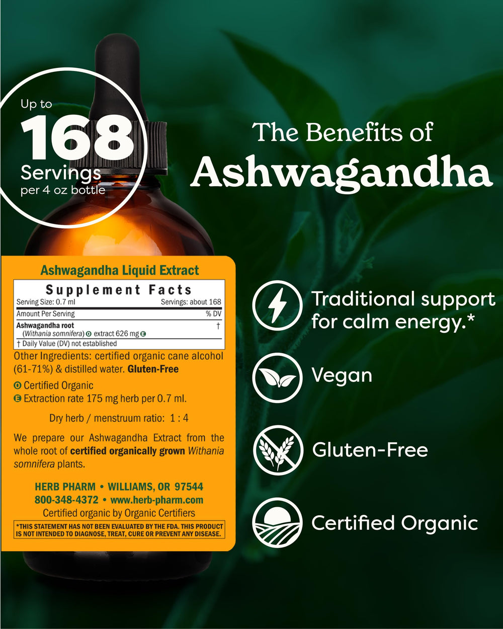 Herb Pharm Ashwagandha extract label showing organic certification and potency