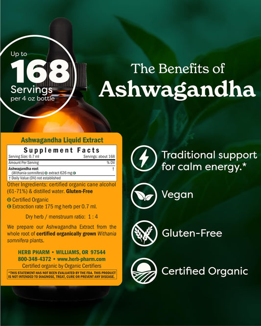 Herb Pharm Ashwagandha extract label showing organic certification and potency