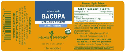 Herb Pharm Bacopa liquid extract dropper for quick tincture-style use.