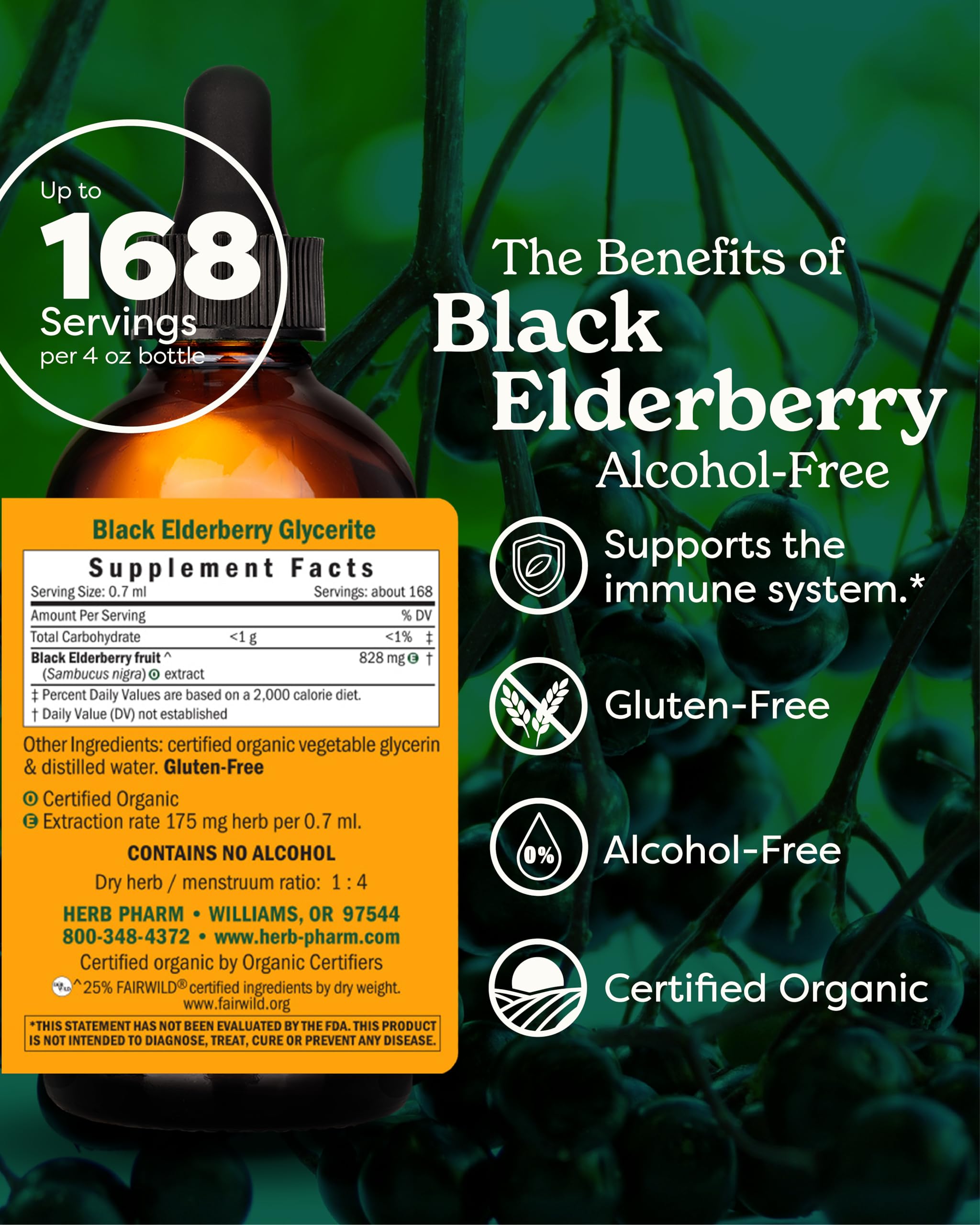 Herb Pharm Black Elderberry liquid bottle-pour demonstrates easy dosing with water or juice.