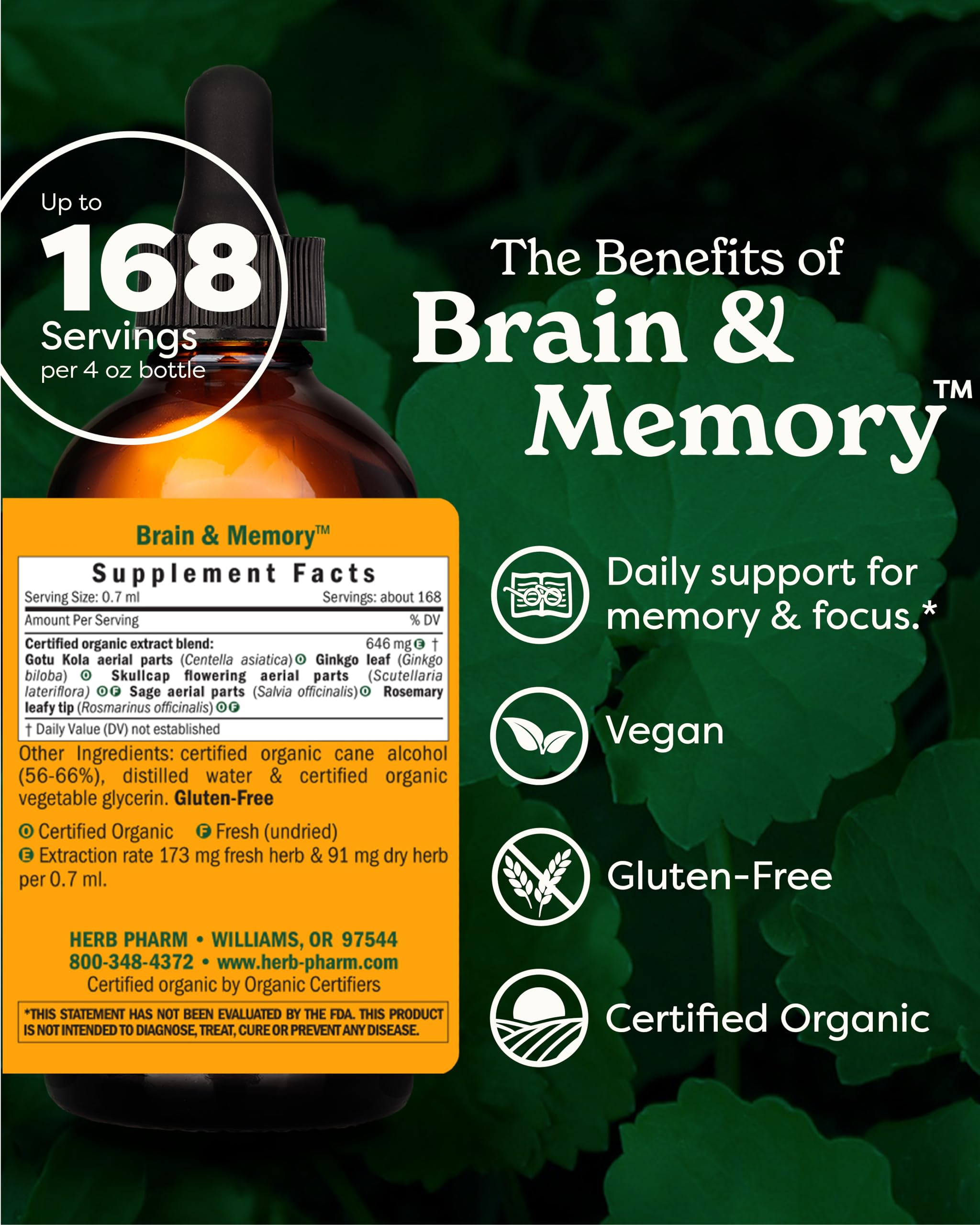 Herb Pharm Brain and Memory liquid label close-up highlighting cognitive-support blend