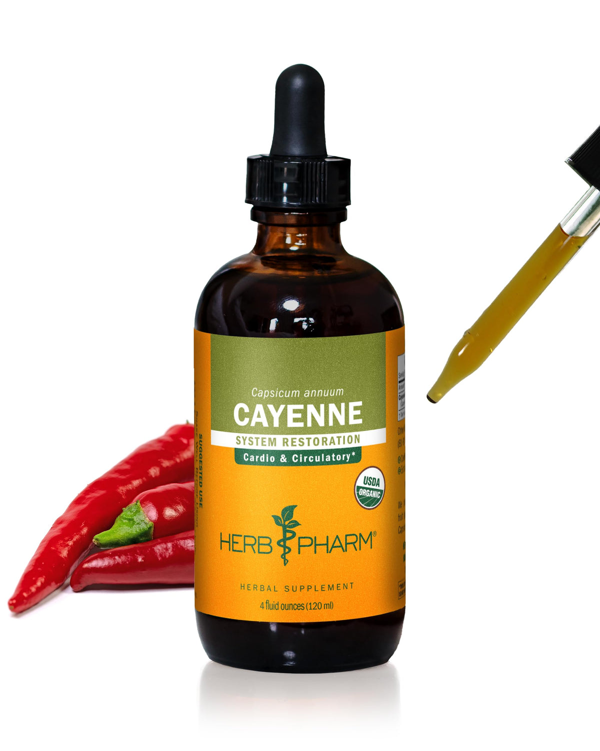 Herb Pharm cayenne liquid extract bottle designed for easy daily use and circulatory support