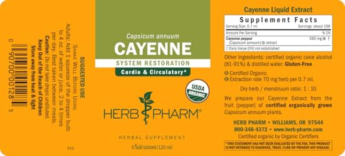 Herb Pharm cayenne extract on a store shelf, a trusted brand since 1979