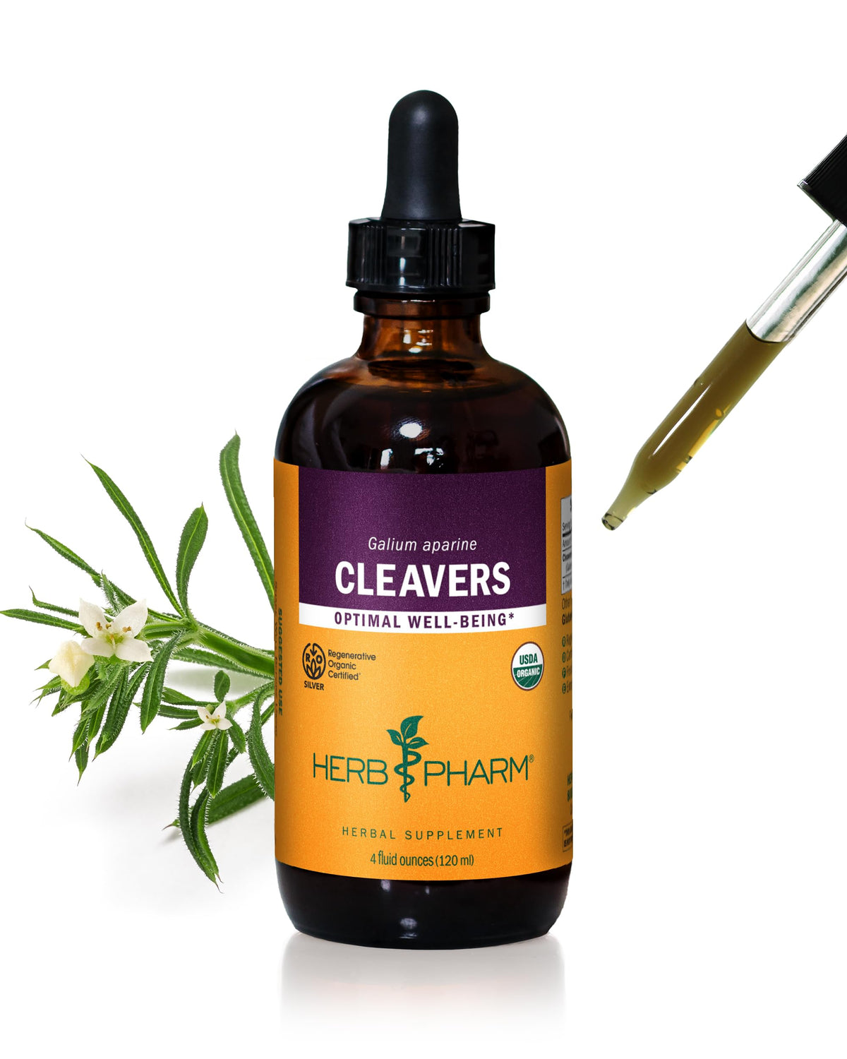 Herb Pharm Cleavers liquid extract bottle in a 4 oz amber bottle for easy daily use.