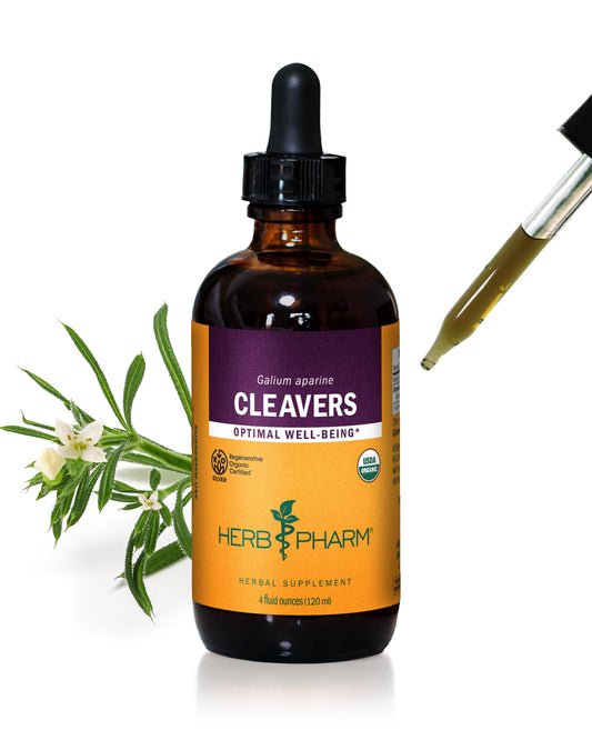 Herb Pharm Cleavers liquid extract bottle in a 4 oz amber bottle for easy daily use.