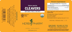 Herb Pharm Cleavers label shows HPTLC potency assurance for quality transparency.
