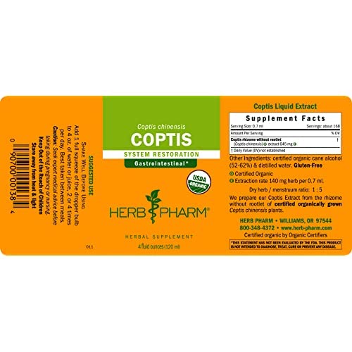Herb Pharm Coptis extract label highlighting sustainability and quality controls.
