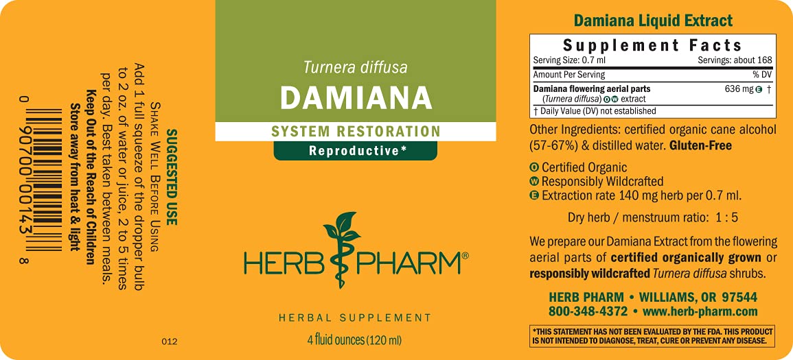 Herb Pharm Damiana leaf and flower highlights organic sourcing on packaging.