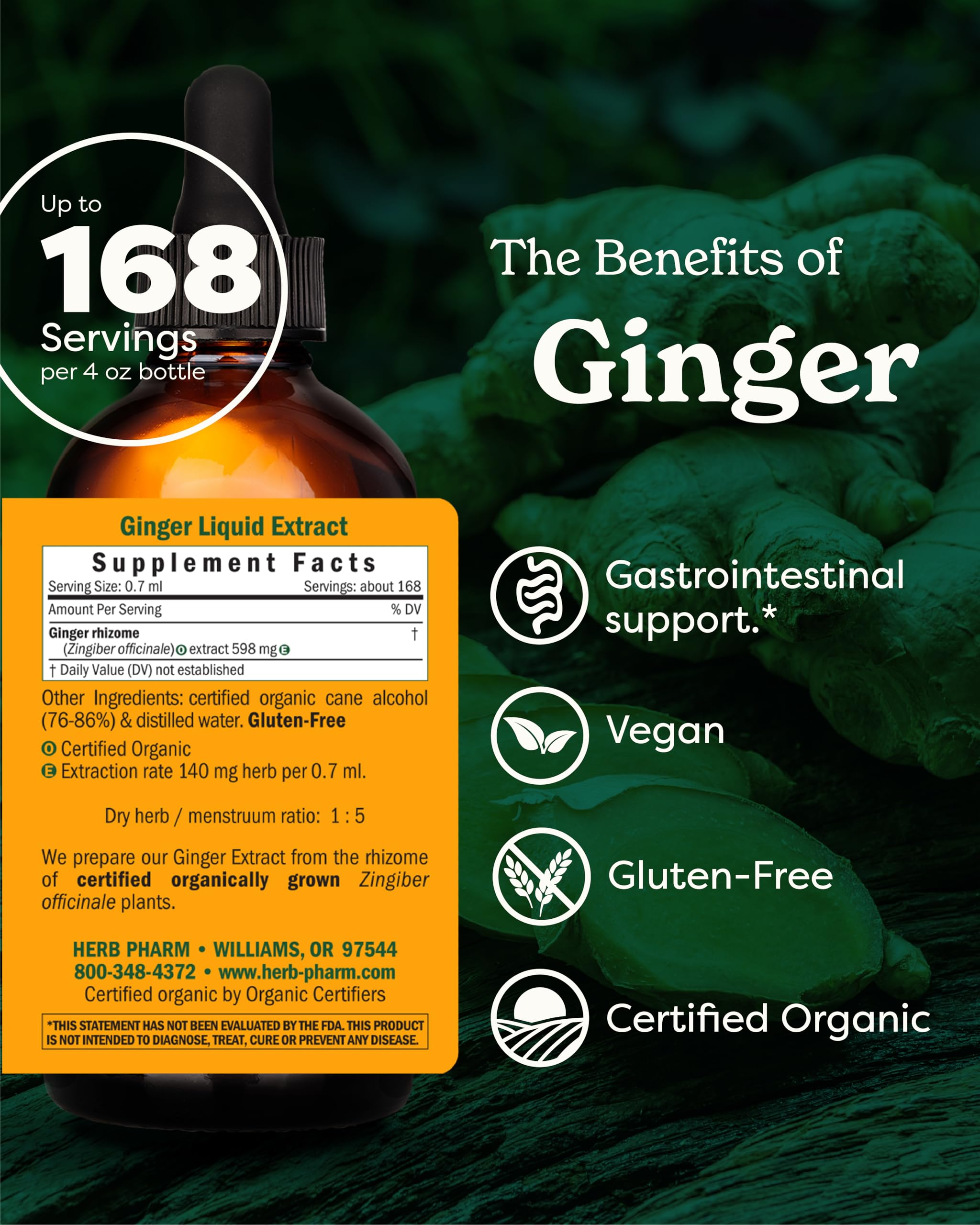 Herb Pharm ginger root tincture dropper for fast absorption