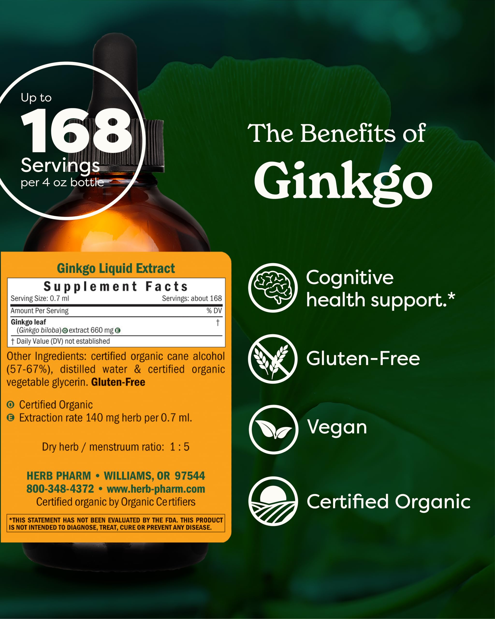 Herb Pharm Ginkgo liquid extract bottle label closeup shows quality