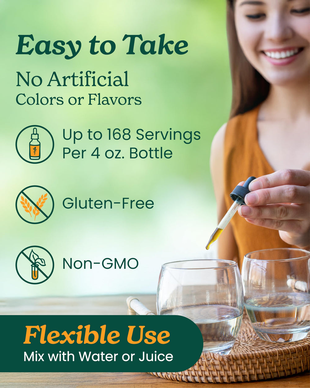 Tiny drops of Inflamma Response liquid dispensed from a dropper for flexible dosing.