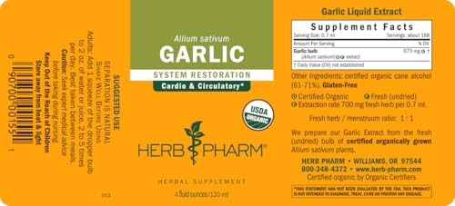 Herb Pharm garlic extract in a kitchen setting for wellness routine.