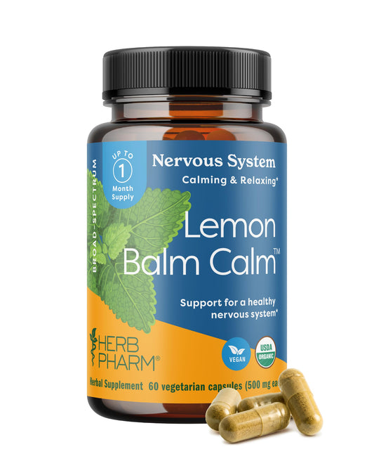 Herb Pharm Lemon Balm Calm bottle front highlights organic relaxation support.
