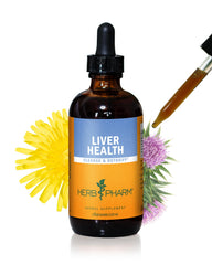 Herb Pharm Liver Health bottle on a kitchen counter showing daily health support