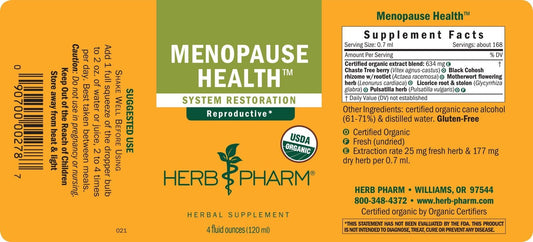 Herb Pharm Menopause Health bottle label vegan and gluten-free herbal blend for female vitality.
