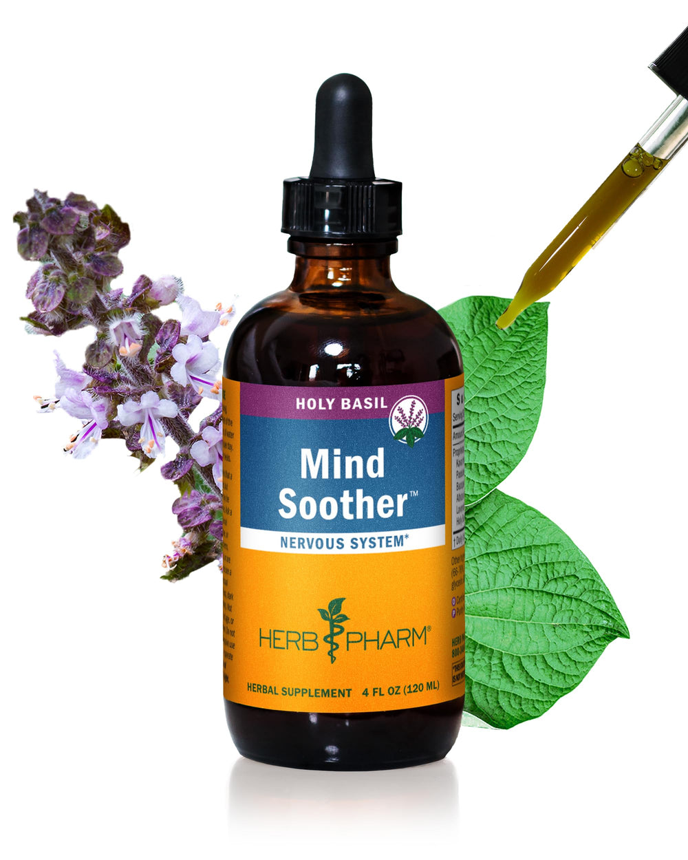Herb Pharm Mind Soother Holy Basil bottle shows calming herbal blend for relaxation.