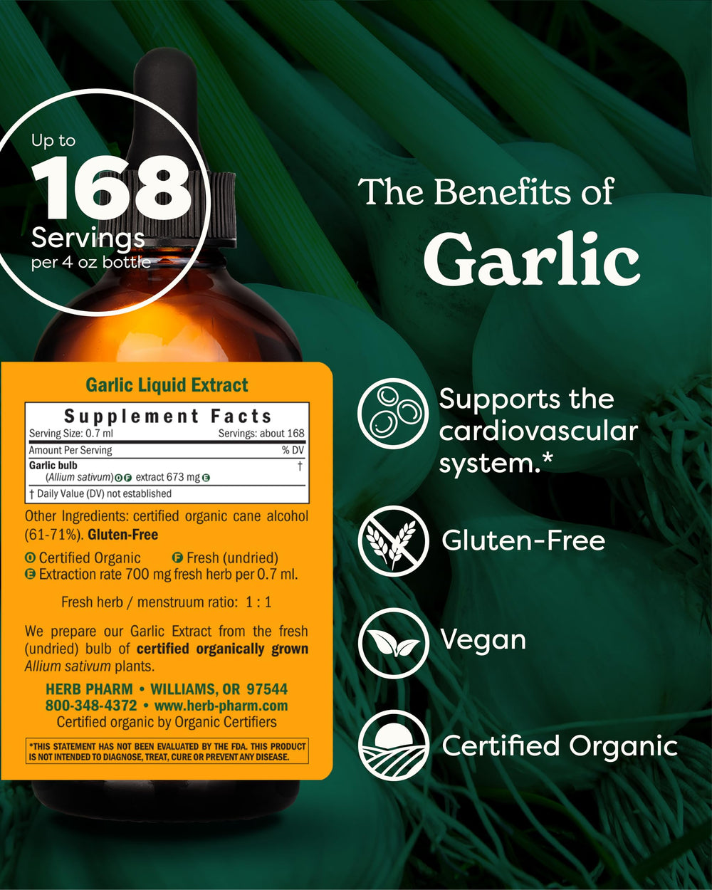 Herb Pharm Organic garlic bulbs shown, indicating fresh source for extract.