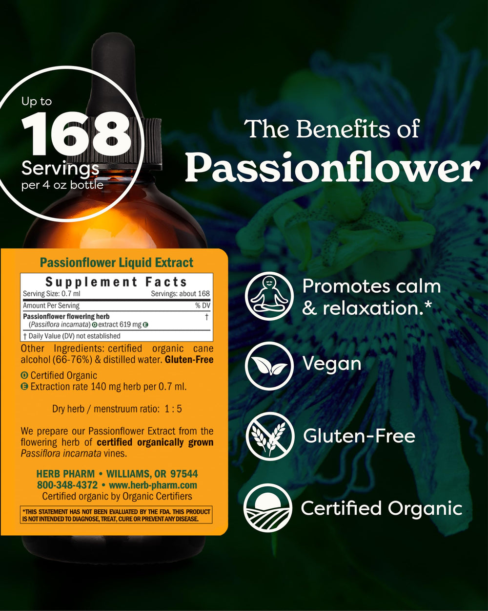 Herb Pharm Passionflower liquid extract being poured into a glass.