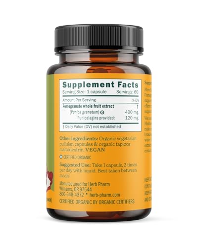 Herb Pharm Pomegranate capsules label highlighting organic whole-fruit extract.