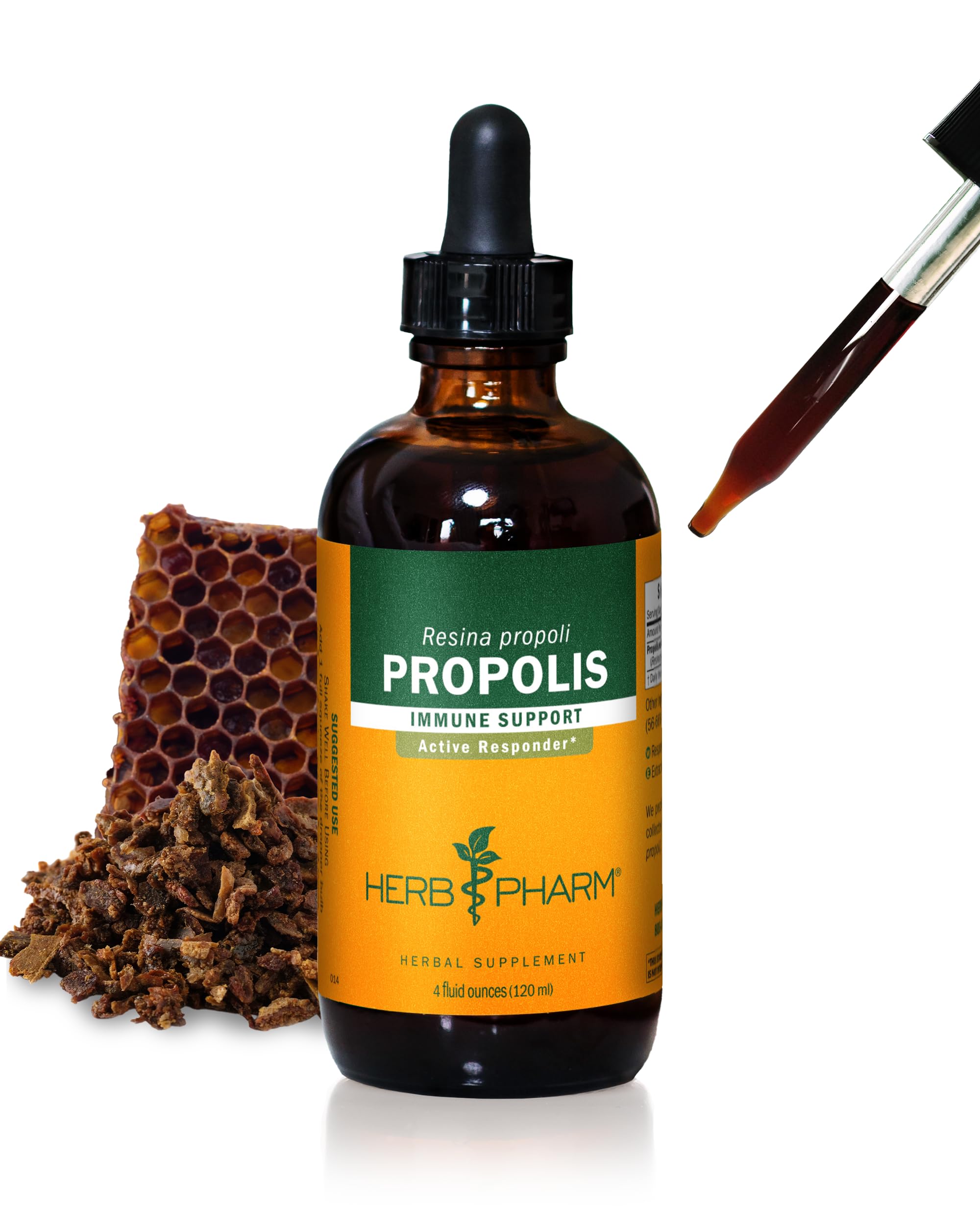 Herb Pharm Propolis liquid extract bottle close-up, supports immune function.
