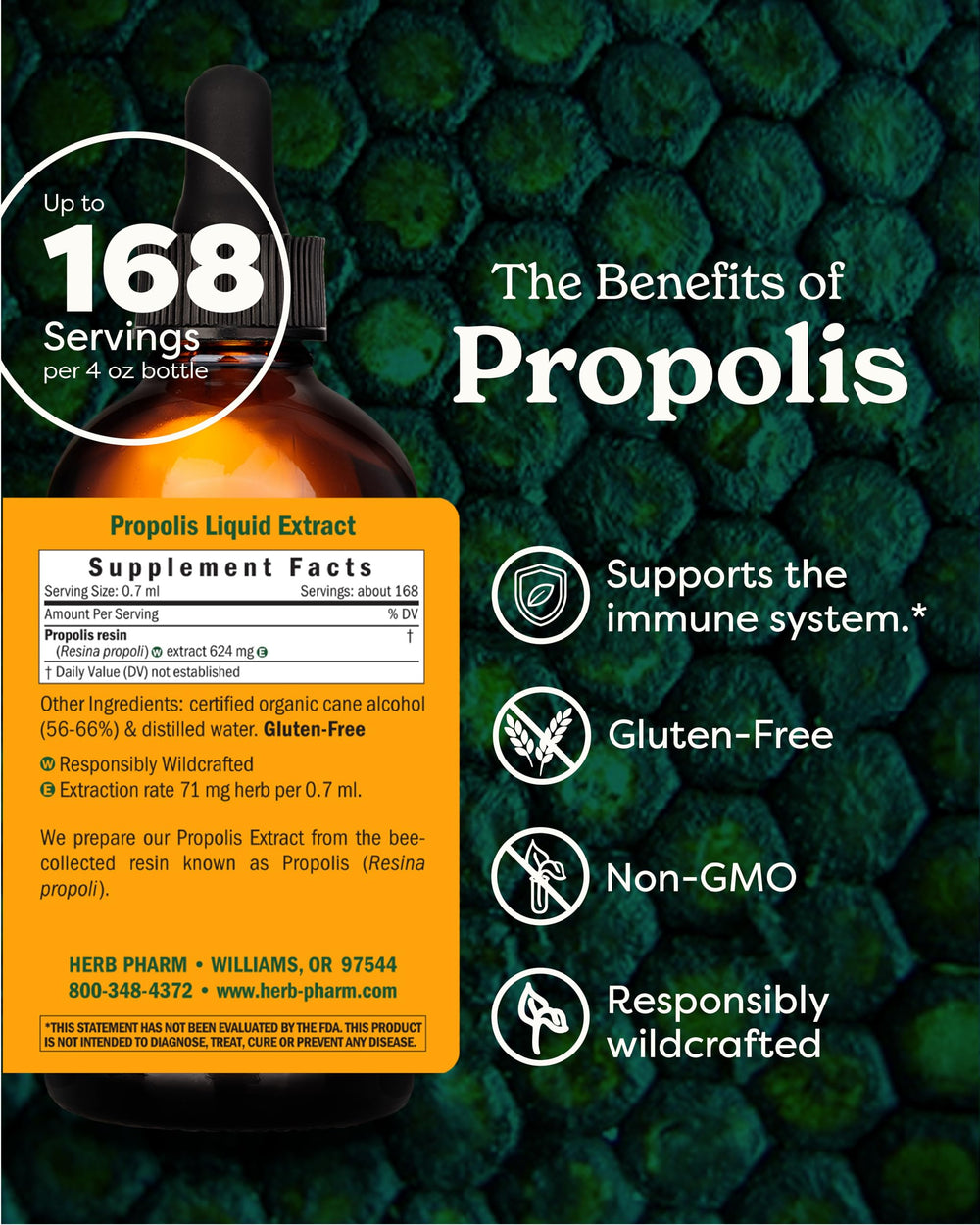 Herb Pharm Propolis liquid extract dropper pouring, sugar-free formula for daily use.