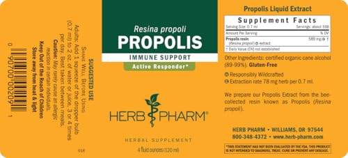 Herb Pharm Propolis packaging notes regenerative organic certification.