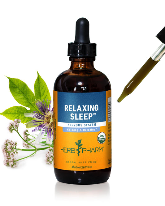Herb Pharm Relaxing Sleep valerian bottle with label promotes calm nights