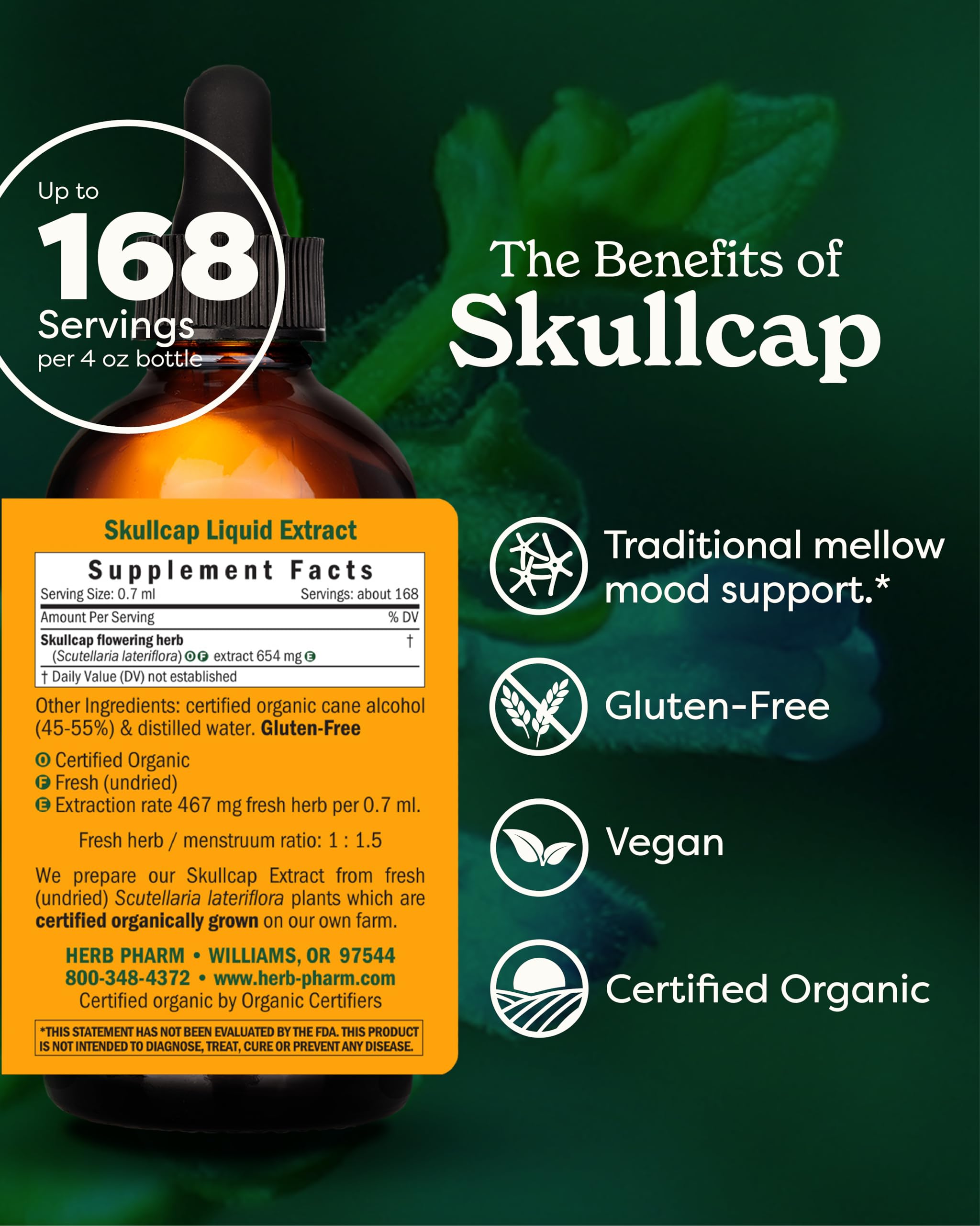 Dropper dispensing Herb Pharm Skullcap liquid extract for easy dosing