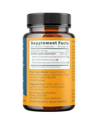 Herb Pharm Sleep Easier label closeup highlights valerian, passionflower, and hops.