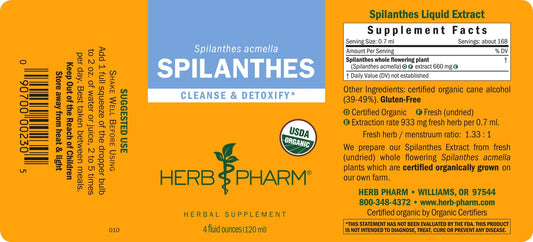 Close-up of Spilanthes bottle label highlighting organic origin.