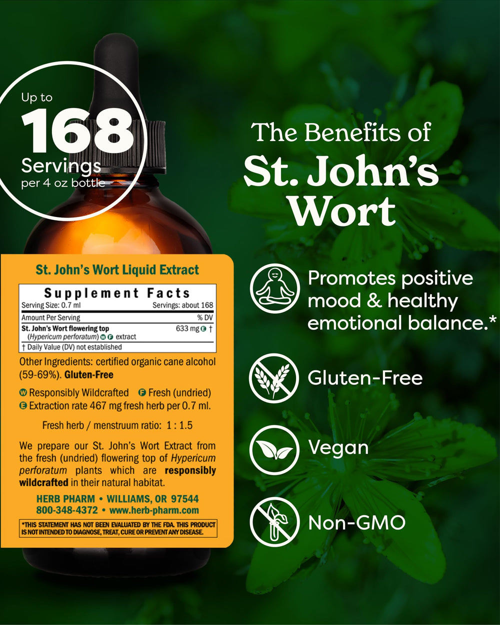 Herb Pharm St. John’s Wort bottle dropper closeup for easy dosing and quick use.