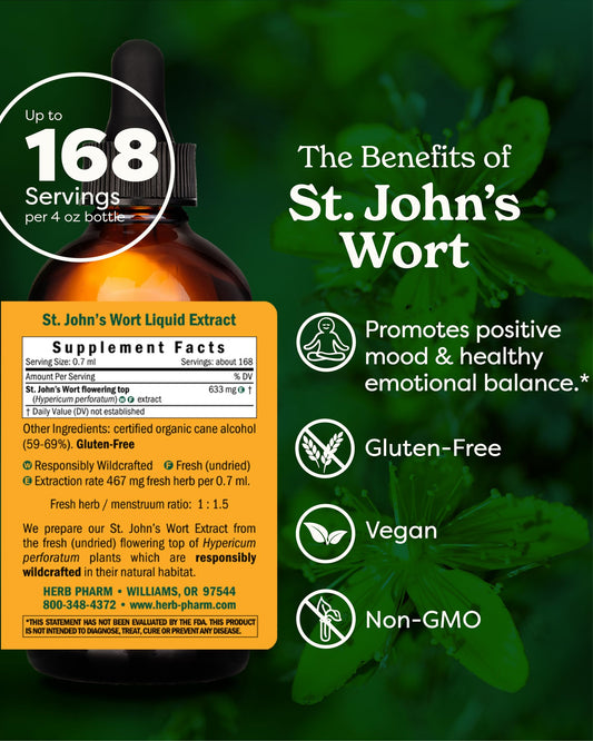 Herb Pharm St. John’s Wort bottle dropper closeup for easy dosing and quick use.