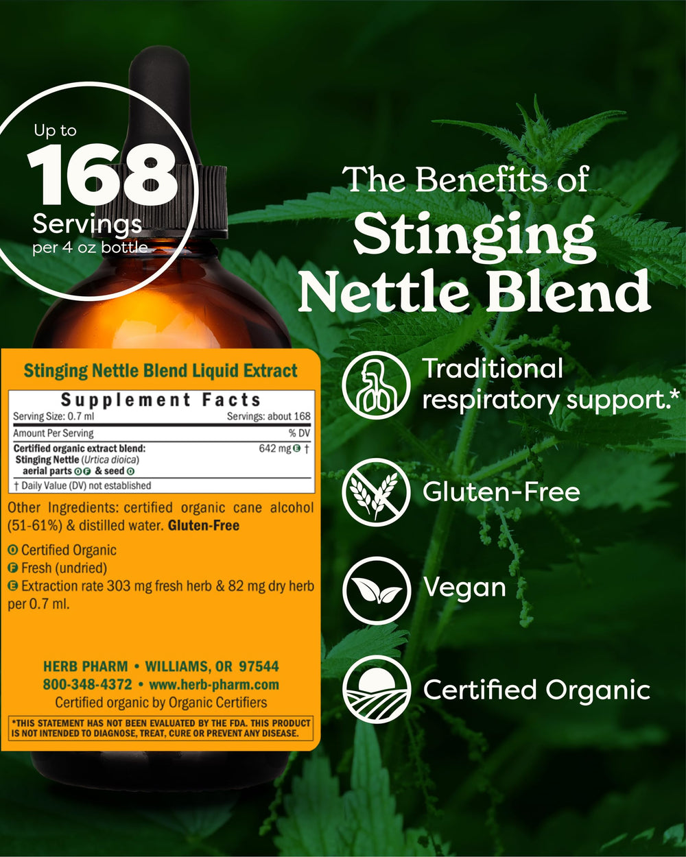 Herb Pharm Stinging Nettle Blend bottle on table for convenient daily use.
