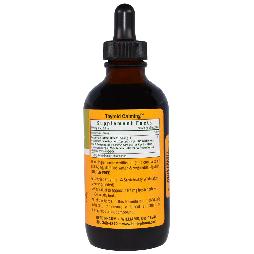 Herb Pharm Thyroid Calming ingredients panel with Bugleweed and Motherwort for broad-spectrum support