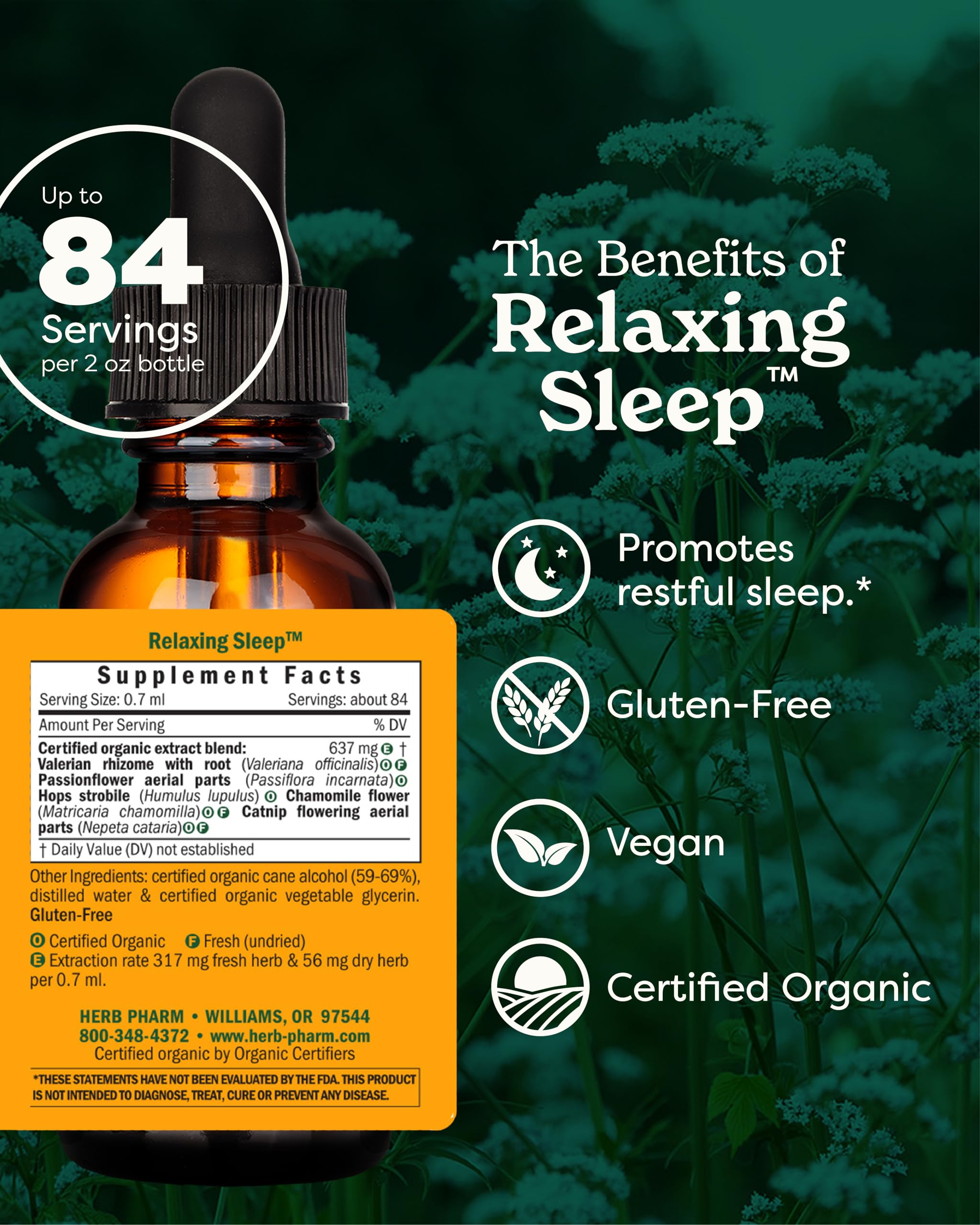 Herb Pharm Valerian and Passionflower liquid extract bottle supports soothing bedtime routine.