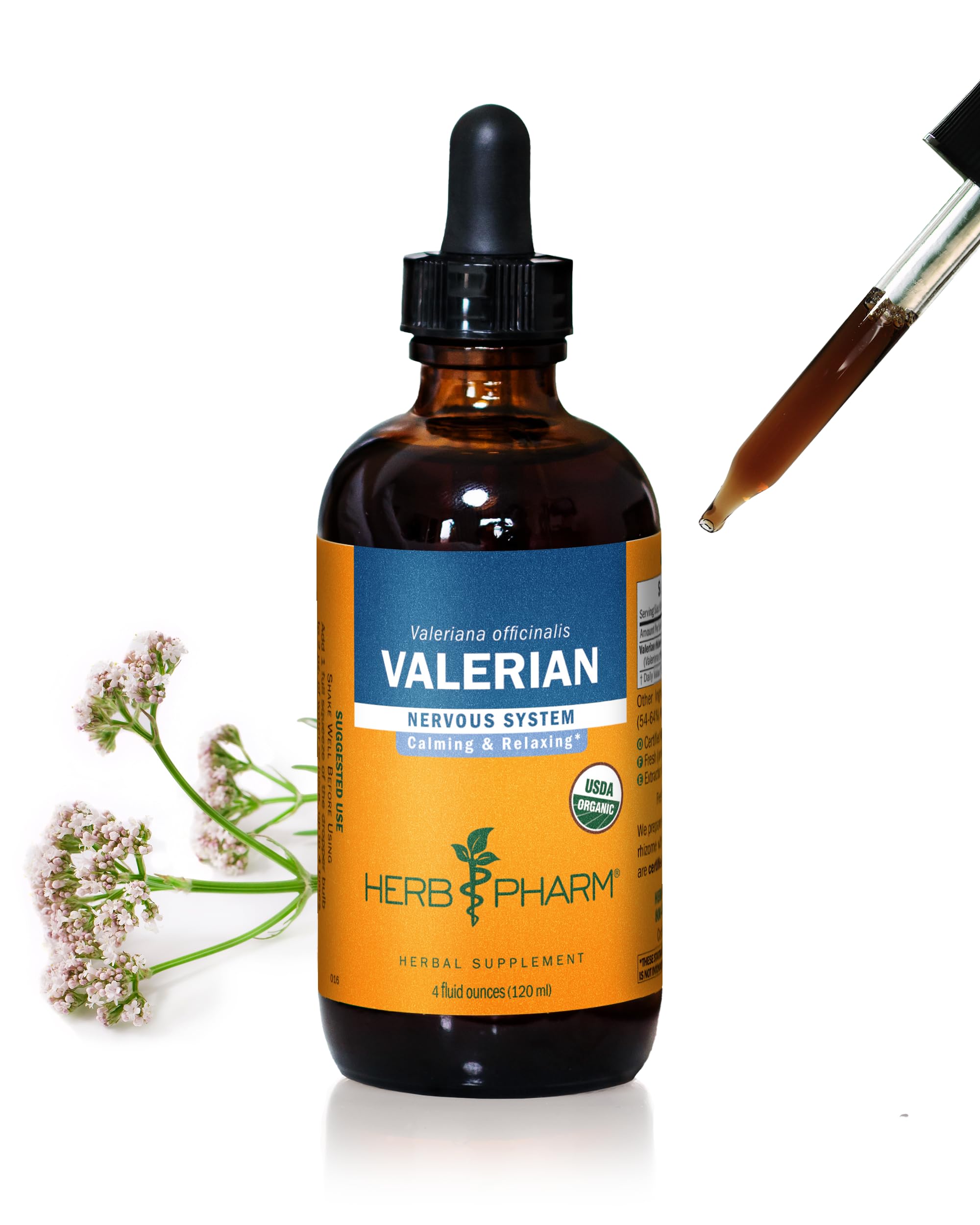 Herb Pharm valerian root liquid bottle prepared for evening relaxation.