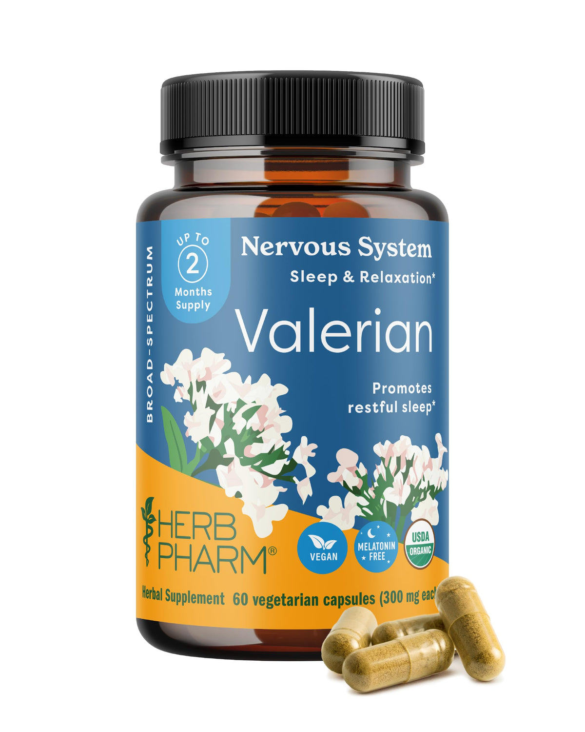 Herb Pharm Valerian Root Sleep Capsules bottle highlights a calm, organic sleep aid.