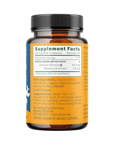 Herb Pharm Valerian Root Sleep Capsules label shows organic, vegan formulation for restful nights.