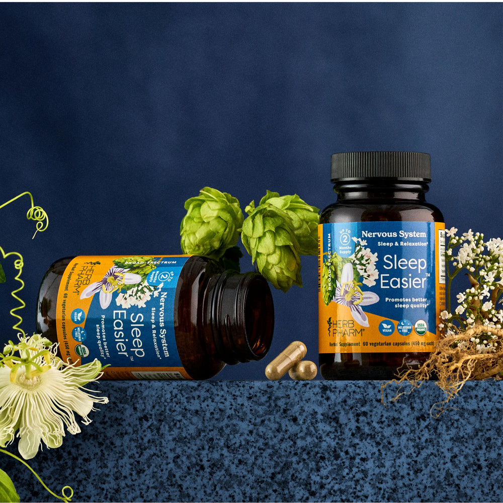 Herb Pharm valerian roots image suggests calming herbal support before bed.