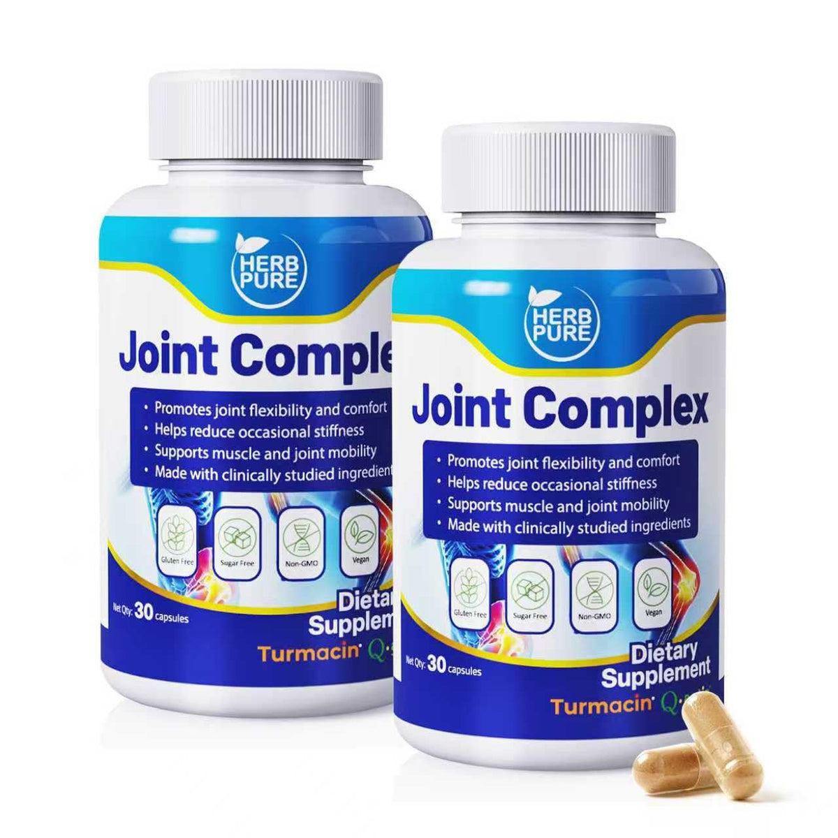 HERB PURE Joint Complex bottle front showing Turmacin and Q-Actin for daily comfort
