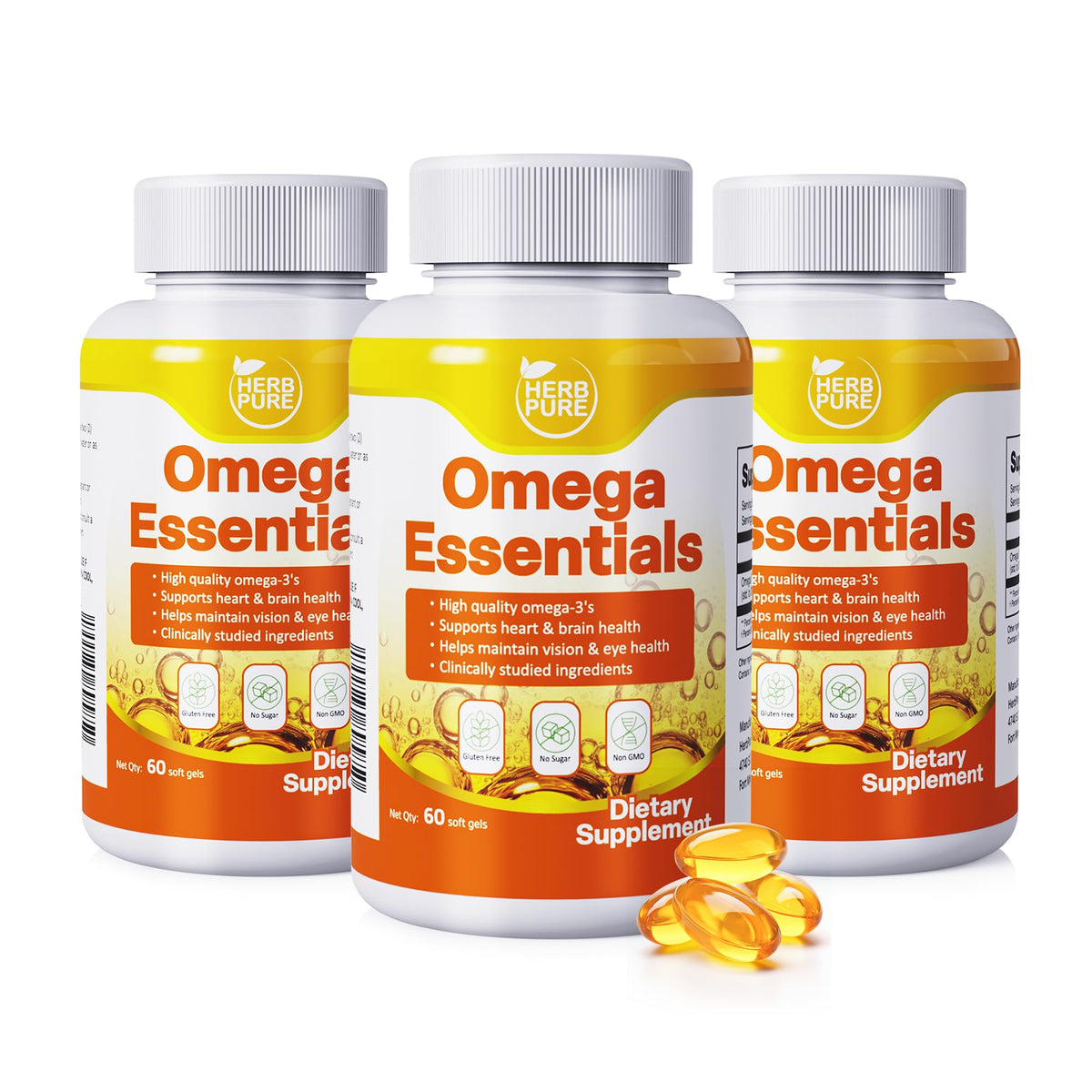 HERB PURE Omega-3 bottle pour showing high-potency serving for daily heart support