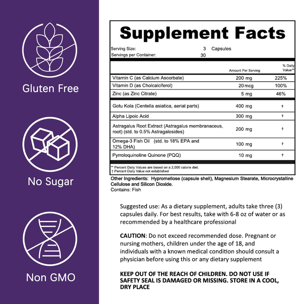 HERB PURE PQQ tablets highlighting energy production and cellular health benefits.