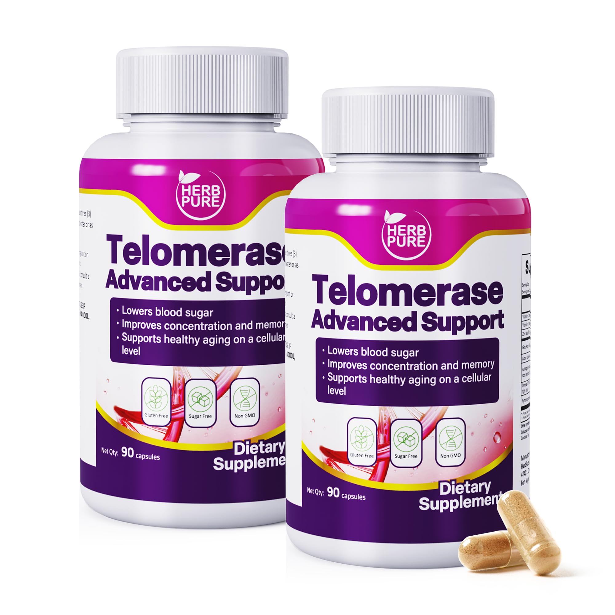 HERB PURE Telomerase bottle front showing branding and product focus for memory support potential.