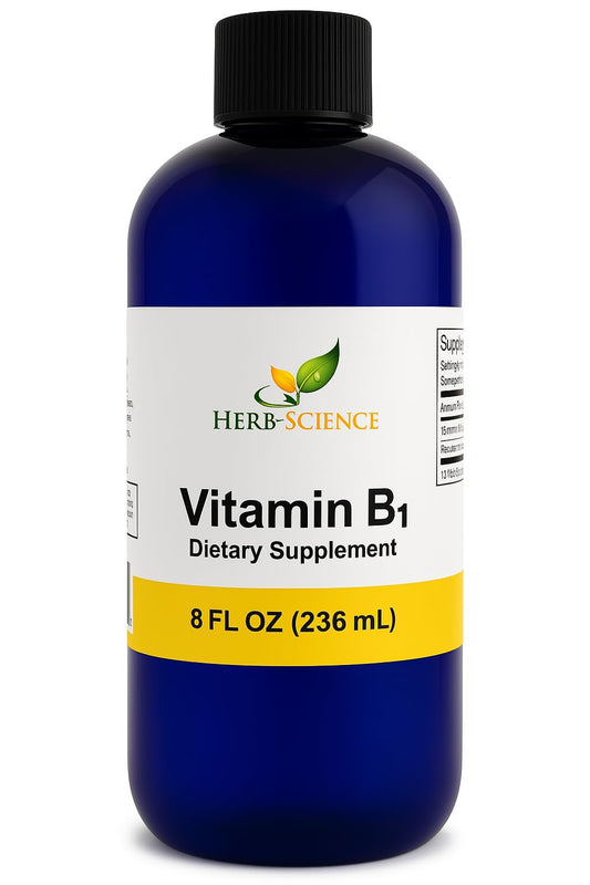 Herb-Science Liquid Vitamin B1 Drops bottle, highlighting daily energy support