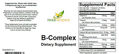 Herb-Science Vitamin B-Complex bottle being poured, showcasing liquid supplement